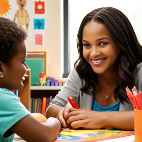 **

A warm and inviting school counselor's office.  A kind, smiling counselor is sitting with a young child at a small table, working on an art project together.  Soft natural light streams in.  Focus on creating a safe and supportive atmosphere.  Consider including diverse books or toys in the background.

**