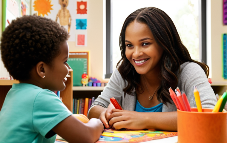 **
A warm and inviting school counselor's office. A kind, smiling counselor is sitting with a young child at a small table, working on an art project together. Soft natural light streams in. Focus on creating a safe and supportive atmosphere. Consider including diverse books or toys in the background.
**