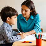 A compassionate female child counselor, fully clothed in a modest professional blouse and slacks, gently observing a young child (around 6-8 years old) who is engrossed in drawing at a low table. The child is also fully clothed in age-appropriate, casual attire. The setting is a warm, inviting therapy room with soft natural light, scattered colorful, child-friendly toys, and art supplies. The atmosphere is calm and safe for work. Emphasize perfect anatomy, correct proportions, well-formed hands, and natural pose. Professional photography, high-quality, appropriate content, family-friendly.