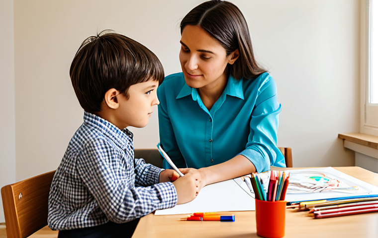 A compassionate female child counselor, fully clothed in a modest professional blouse and slacks, gently observing a young child (around 6-8 years old) who is engrossed in drawing at a low table. The child is also fully clothed in age-appropriate, casual attire. The setting is a warm, inviting therapy room with soft natural light, scattered colorful, child-friendly toys, and art supplies. The atmosphere is calm and safe for work. Emphasize perfect anatomy, correct proportions, well-formed hands, and natural pose. Professional photography, high-quality, appropriate content, family-friendly.