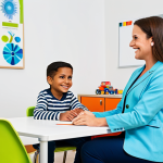 Child Counselor in a Bright Office**

A friendly and approachable child counselor, fully clothed in professional attire, sitting in a colorful and welcoming office. The office includes playful decorations, comfortable furniture, and educational toys. The counselor is actively listening to a child (also fully clothed), maintaining eye contact and a warm smile. Safe for work, appropriate content, modest clothing, family-friendly. Perfect anatomy, correct proportions, natural pose, well-formed hands, proper finger count, natural body proportions, professional photograph, high quality. The scene suggests a safe and supportive therapeutic environment.
**