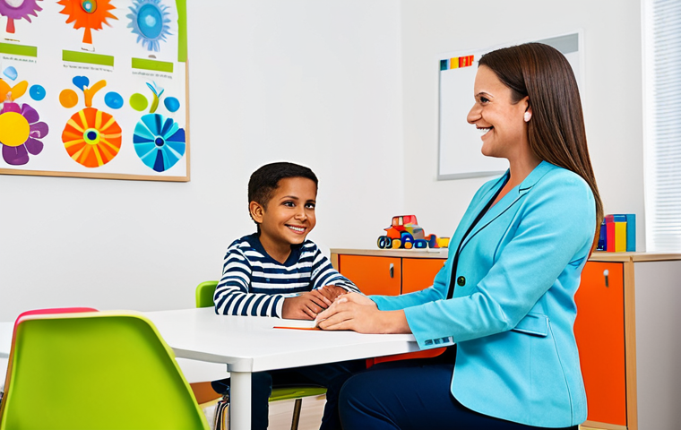 Child Counselor in a Bright Office**

A friendly and approachable child counselor, fully clothed in professional attire, sitting in a colorful and welcoming office. The office includes playful decorations, comfortable furniture, and educational toys. The counselor is actively listening to a child (also fully clothed), maintaining eye contact and a warm smile. Safe for work, appropriate content, modest clothing, family-friendly. Perfect anatomy, correct proportions, natural pose, well-formed hands, proper finger count, natural body proportions, professional photograph, high quality. The scene suggests a safe and supportive therapeutic environment.
**