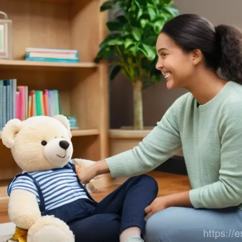 아동상담사와 심리학 차이점 - A heartwarming scene of a caring adult, a female child counselor with a gentle smile, engaged in a c...