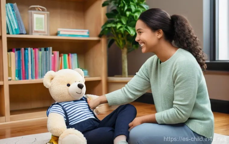 아동상담사와 심리학 차이점 - A heartwarming scene of a caring adult, a female child counselor with a gentle smile, engaged in a c...