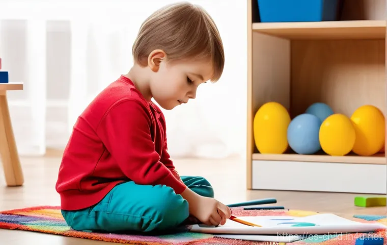 아동상담사 직무 특성 이해 - **"Understanding Through Play and Art"**
    A warmly lit, cozy child psychology therapy room bathed...