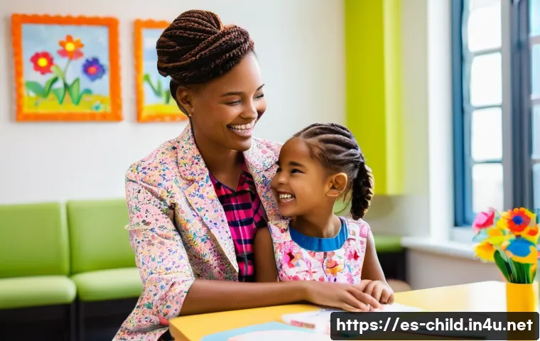 아동상담사 연봉 협상 팁 - **Prompt:** A heartwarming scene inside a bright, clean child counseling office. An 8-year-old girl,...